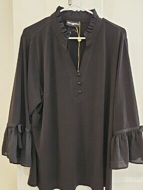 Karl Lagerfeld Black Ruffle-Trim Button Front Blouse